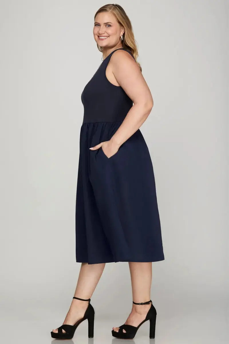 She + Sky Full Size Sleeveless Midi Dress with Pockets - Love Salve